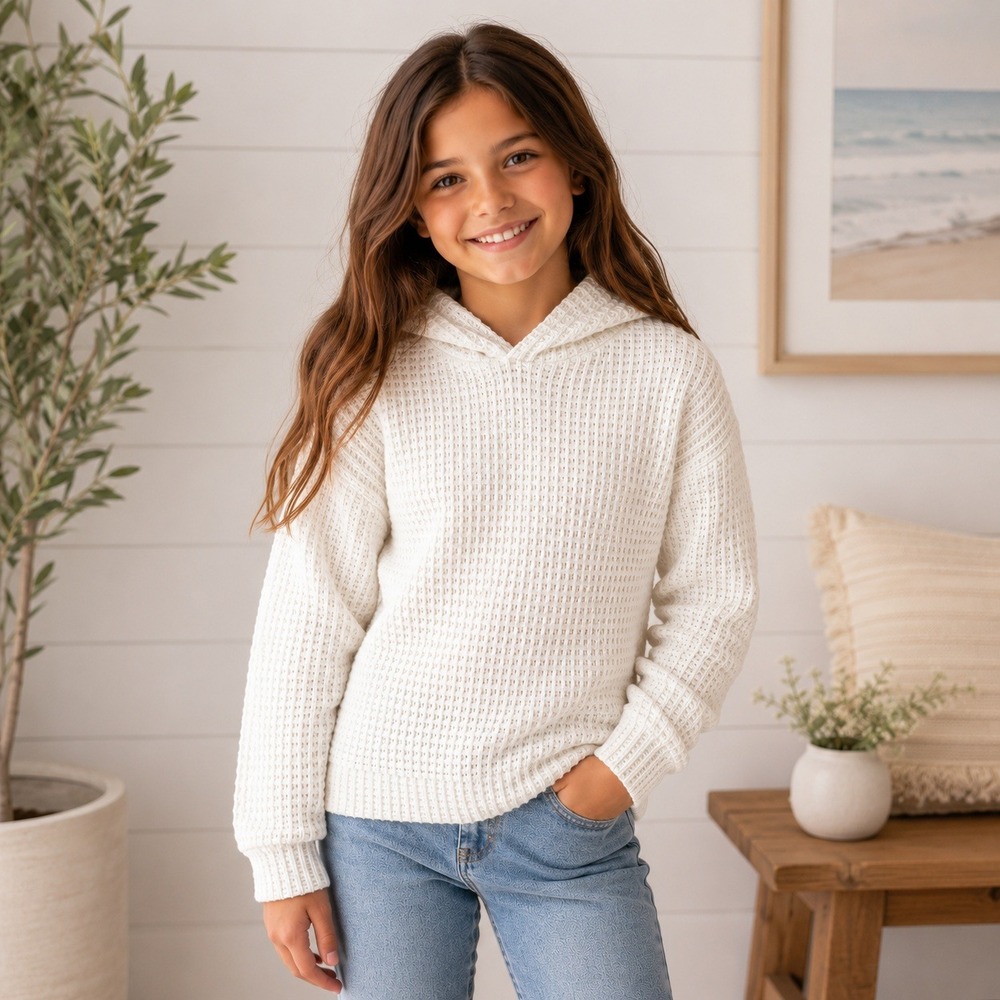 Old Navy Kids XL Cream Waffle Knit Cropped Pullover Hoodie Thermal Cozy